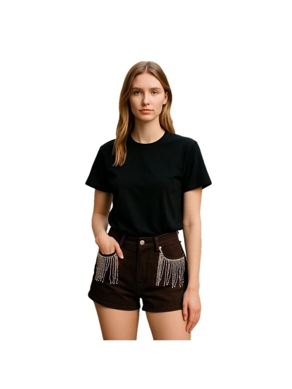 Peach Love Brown Rhinestone Fringe Shorts Small - Picture 2 of 11